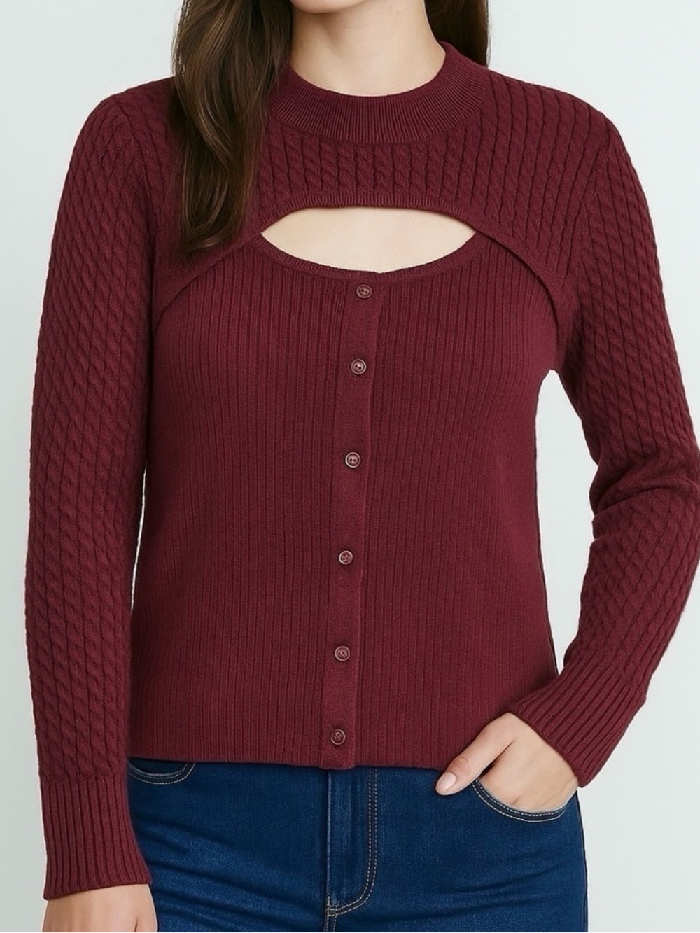 Design History Cutout Rib-Knit Button-Front Sweater Cardigan - Burgundy